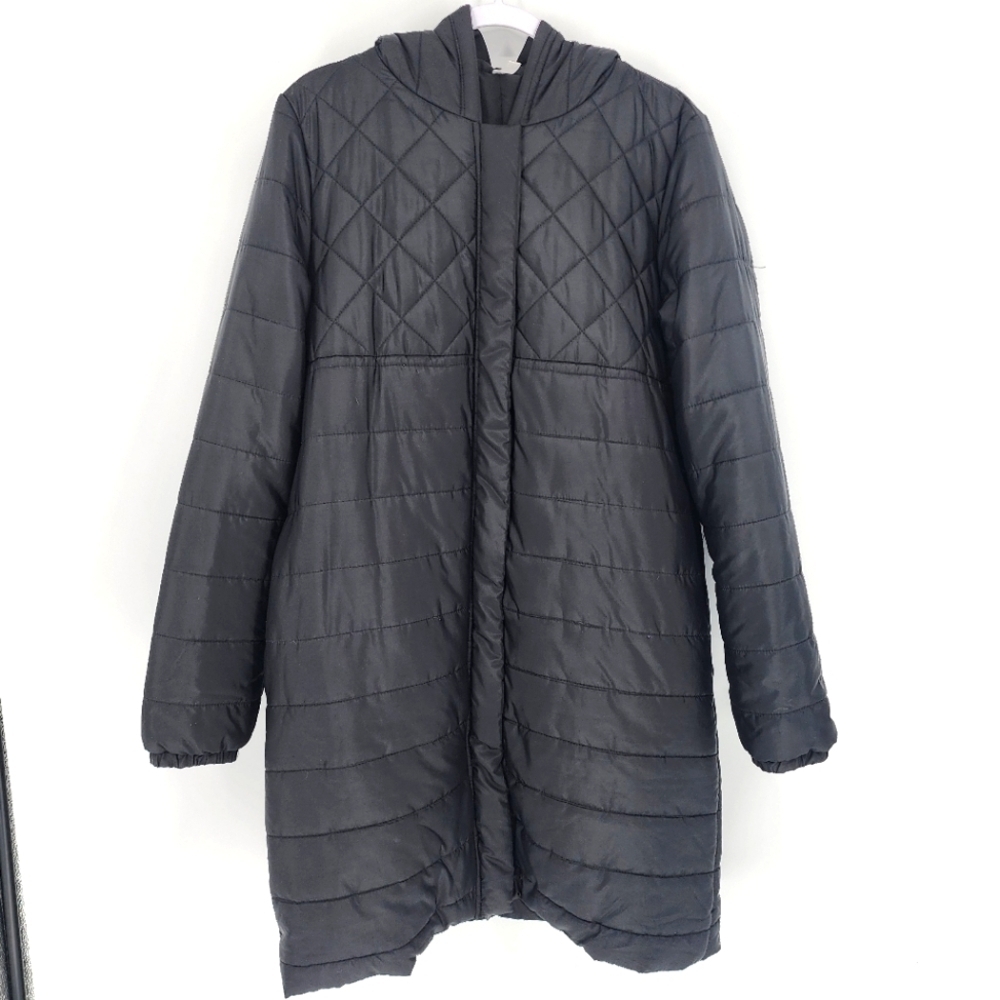 Fabletics Long Puffer Coat Hood Quilted Zipper Snaps XL